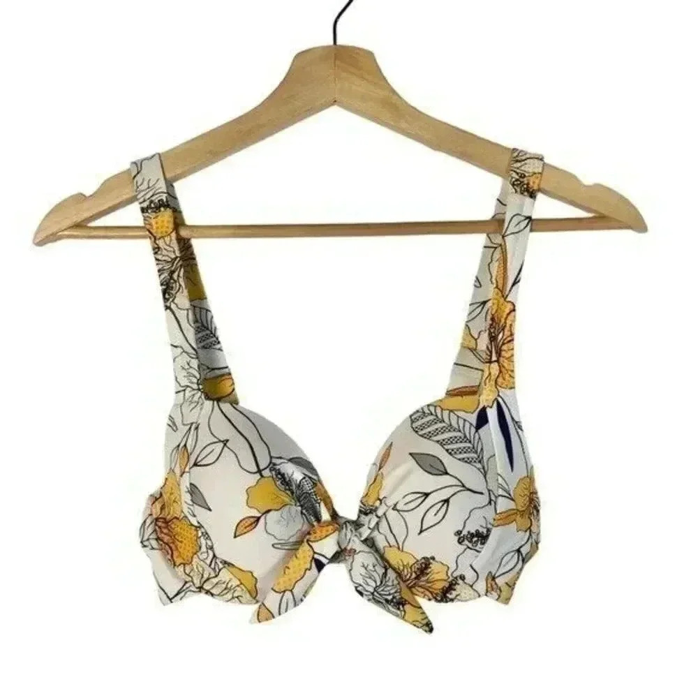 Cupshe White & Yellow Floral Tie Front Push Up Swim Top XS